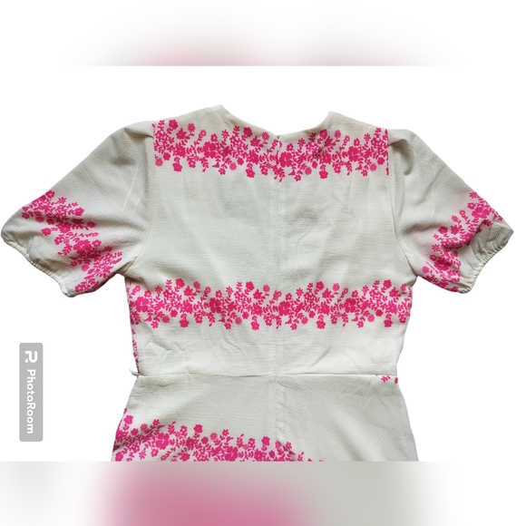 Danny and Nicole Ivory hot pink floral stripe textured faux-wrap dress size 12 - Picture 9 of 16